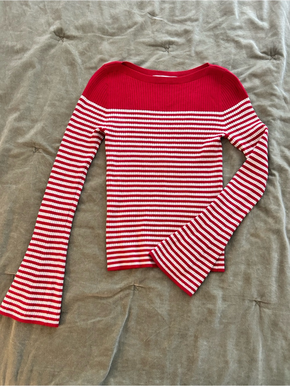 LOFT Red and White Striped Boatneck Sweater
